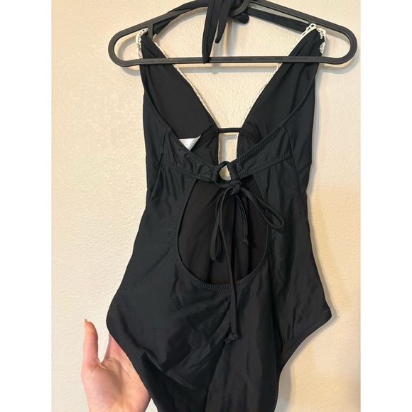Kona Sol | NWOT Crochet Lace Trim Plunge Halter One Piece Swimsuit (Black/White) - Picture 7 of 7